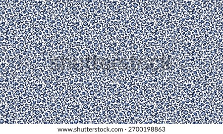 Ditsy floral seamless pattern with tiny blue flowers on white background.