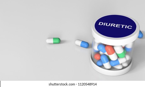 Diuretic Drug Capsules In A Jar. 3D Rendering