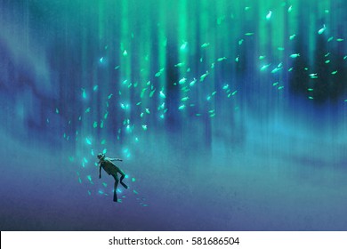 diver and many glowing fish under the sea,illustration painting