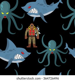Diver in old diving suit   sea monsters seamless pattern  Wicked shark   terrible octopus black background  ornament water world