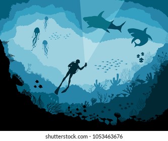 Divers and sharks, reef Underwater wildlife, jellyfish, fish on a blue sea background. Raster version