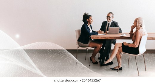 Diverse business meeting. African American woman, Caucasian man and Caucasian woman in professional attire. Team collaboration and business meeting strategy discussion. - Powered by Shutterstock