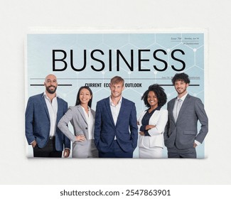 Diverse business team in formal attire. Men and women, various ethnicities, smiling confidently. Business professionals in suits, team collaboration, business success. Business people on newspaper. - Powered by Shutterstock