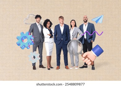 Diverse business team of men and women in formal business attire, surrounded by tech icons. Professional, diverse, and tech-focused group portrait. Creative business team remix design - Powered by Shutterstock