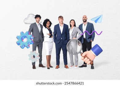 Diverse business team in suits with digital icons. Group includes men and women of various ethnicities. Teamwork and technology concept with business professionals. Creative business team remix design - Powered by Shutterstock