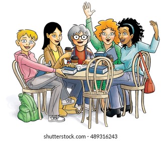 A diverse group of 5 women sit around a bistro table with coffees and books.  They are looking towards the viewer with smiles, welcoming him/her to the one empty chair at the table.  