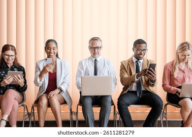 Diverse group in business attire using laptops and phones. Diverse business professional engaged with technology. Diverse business professionals, diverse business professional concept.