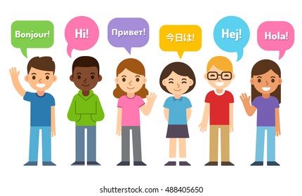 Diverse Group Of Kids Saying Hi In Different Languages. Cute Cartoon Flat Design Style. Language Learning And International Education Infographic Illustration.