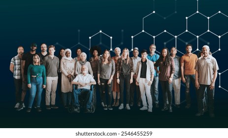 Diverse group of men and women of various ethnicities standing together. Ethnic diversity people with digital hexagon background with copy space. Digital, technology, diversity, community, concept. - Powered by Shutterstock