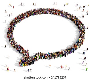 Diverse group of  people gathered together in the shape of a speech bubble
