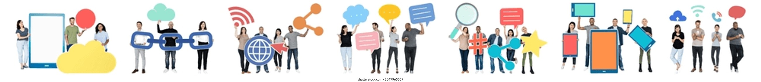 Diverse group of people holding icons and signs. Mixed gender and ethnicity. Teamwork and communication. Diverse team sharing ideas and concepts. Isolated on white background. Business people. - Powered by Shutterstock