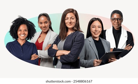 Diverse group of professional women. Smiling women of various ethnicities. Confident business women in business attire. Empowered, Business, leader, happy diverse teamwork concept. - Powered by Shutterstock