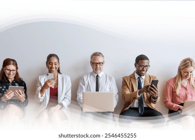 Diverse group of professionals using devices. Business people of diverse ethnicities engaged with phones and laptops. Technology in a diverse workplace setting. Diverse business meeting concept. - Powered by Shutterstock