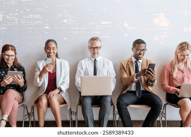 Diverse group of professionals using devices. People on phones and laptops. Business attire. Office setting. Technology in use. Multiracial team engaged in work. Business image.