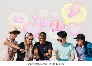 A diverse group of young friends enjoying and sharing on a smartphone with social media icons. Friends smiling, chatting and having fun social media engagement icons. - Powered by Shutterstock