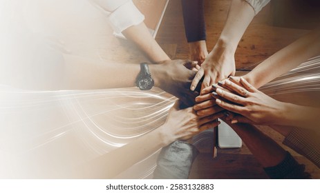 Diverse hands, teamwork, unity. Multiracial hands, collaboration, diverse team. Unity in diversity, teamwork, diverse hands.