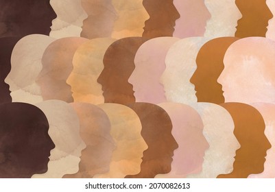 Diverse Heads With Unique Ethnic Skin Tones Illustrated With Watercolour Textures. A Representation Of Immigration, Cultural Diversity, Racism, Equality And Globalization.