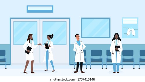 Diverse health doctors practitioners talking and standing in hallway while working in hospital illustration - Powered by Shutterstock