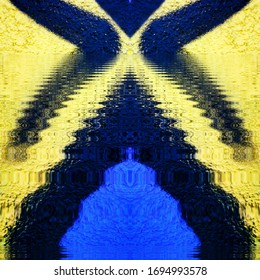 diverse patterns and designs based on single yellow and black triangle shape on vivid blue wall background