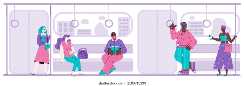 Diverse People Cartoon Characters In Subway Train Flat Illustration.