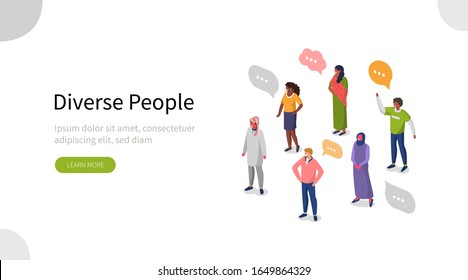 Diverse People Characters Standing Together, Waving And Smiling. Multicultural Women And Men Group.  International Multiracial Team.  Diversity Concept. Flat Isometric Illustration. 