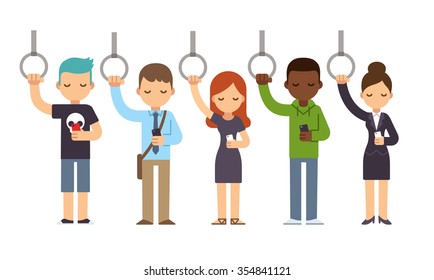 Diverse People On Subway Commute Looking At Smartphones. Cartoon Illustration In Simple Flat Style.