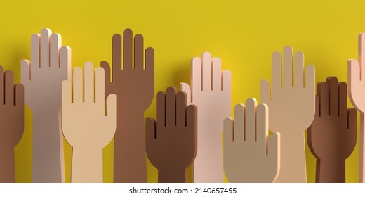 Diverse Raised hands Unity concept: 3D render colored skin, arms up. Volunteering charity, party, votes flyer, donation, banner team, help, friends. Illustration on yellow background, copy space - Powered by Shutterstock