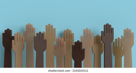 Diverse Raised hands Unity concept: 3D render colored skin, arms up. Volunteering charity, party, votes flyer, donation, banner team, help, friends. Illustration on blue background, copy space - Powered by Shutterstock