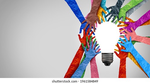 Diverse society thinking together and team ideas as a group of people joining hands into the shape of an inspirational light bulb as a community diversity metaphor with 3D render elements.