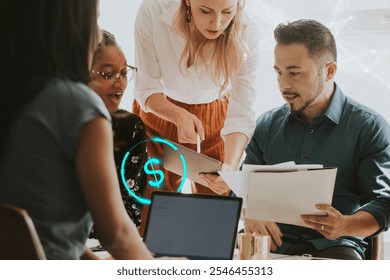 Diverse team collaborating on a project. Group of professionals discussing ideas. Teamwork and collaboration in a modern office. Diverse team at work. Business meeting, teamwork, and finance concept. - Powered by Shutterstock