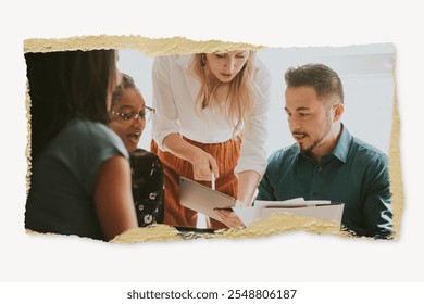 Diverse team collaborating. Woman pointing at tablet, diverse group engaged. Teamwork, collaboration, diverse team sharing ideas, working together. Business team working together and collaborating. - Powered by Shutterstock