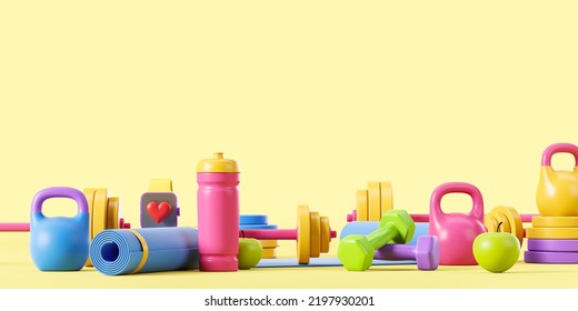 Diverse workout equipment set on yellow background, smart watch and heart tracking. Concept of fitness and healthy lifestyle. Copy space. 3D rendering - Shutterstock ID 2197930201