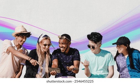 Diverse young friends laughing and looking at a phone social media theme. Mixed ethnicity sharing a fun moment in social media platform. Social media engagement. - Powered by Shutterstock