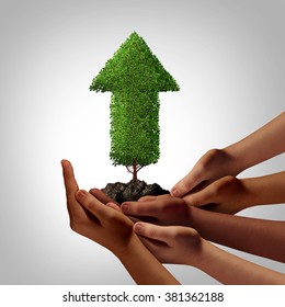 Diversity community working together for success concept as a group of multiethnic people hands full of soil holding up an arrow tree as a global cooperation and team empowerment metaphor. - Powered by Shutterstock