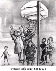 Diversity   faith based people in various fashion playing an outdoor basketball game  Two tribal men in masks  Catholic nun  missionary  hippie  Rabbi  little boy 