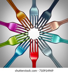 Diversity in food and diverse cuisine from around the world concept as different color kitchen fork objects as a gourmet or restaurant symbol for eating a variety of global diet as a 3D illustration.