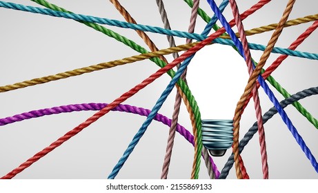 Diversity ideas and connected diverse group thinking with ropes shaped as a bright light bulb as a connect concept for business or social media with 3D illustration elements. - Shutterstock ID 2155869133