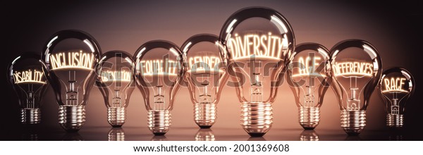 Diversity, inclusion, equality concept -\
shining light bulbs - 3D\
illustration