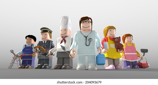 Diversity occupations people standing together looking at different direction and future.  Including doctor, cooker, driver, engineer, cleaner & veterinarian in colorful plastic block lifestyle. - Powered by Shutterstock