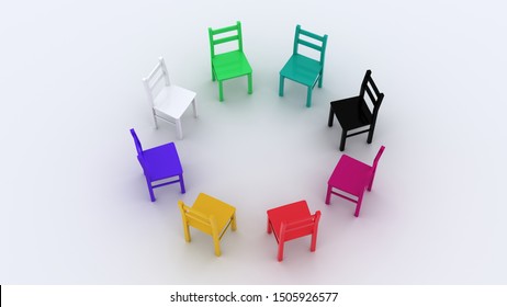 Diversity Symbolized Through Chairs Of Different Colors Arranged In A Circle. Metaphor Of Equality And Inclusion In Workspace Or Society. 3d Rendering Illustration Of A Concept.