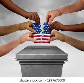 Divided American Voter And United States Voting Or Partisan Politics As Republicans And Democrats Split And Widen The Political Gap During An Election With 3D Illustration Elements.