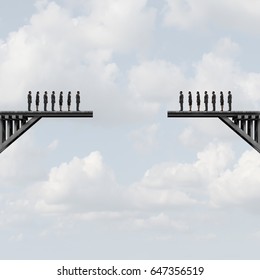 Divided Groups Concept As Two Teams Of People On A Broken Bridge As A Business Metaphor For Corporate Separation With 3D Illustration Elements.