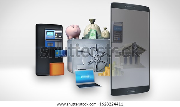 Divided smart\
phone, mobile, Management bank account, internet banking, online\
digital banking. 3D\
rendering.