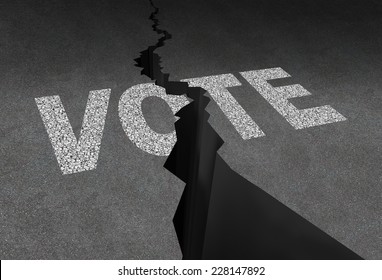 Divided vote concept and split opinion symbol as cracked outdoor asphalt floor with road painted text as a democratic rights metaphor for election crisis or voting corruption.