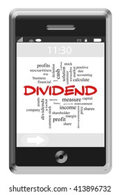 Dividend Word Cloud Concept On A Touchscreen Phone With Great Terms Such As Stocks, Shares, Yield And More.