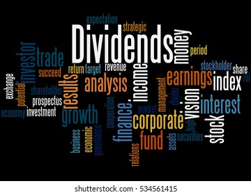 Dividends, word cloud concept on black background.
