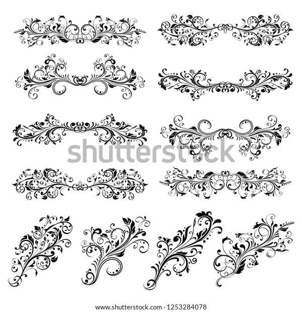 Dividers. Floral decorative ornaments. Collection\
of vintage decorations. Illustration isolated on white background.\
Raster version