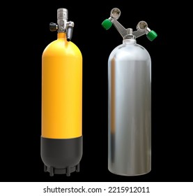 Diving Cylinders In Steel And Aluminium, With First Stage Regulators. 3d Rendering