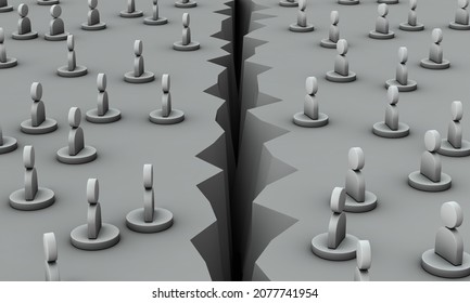The division of two groups on the left and right that cannot interact with each other due to a crack in the ground.
A large, deep crack lies far away.
3D illustration.