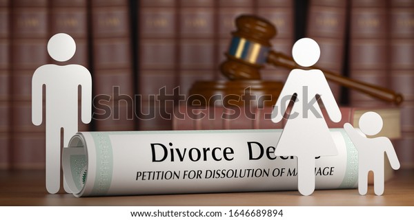 Divorce\
and custody child concept. Divorce decree, gavel and family\
silhouette on book background. 3d\
illustration